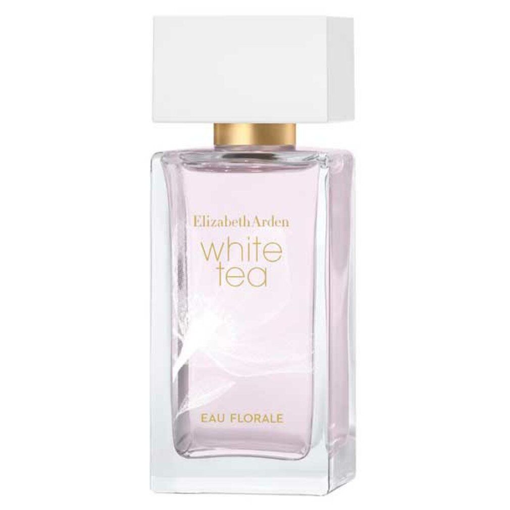 Parfümflakon. Weißer Flakon mit weißem Deckel. Aufschrift: White Tea Eau Florale. Transparenter Flakon mit rosa Flüssigkeit.