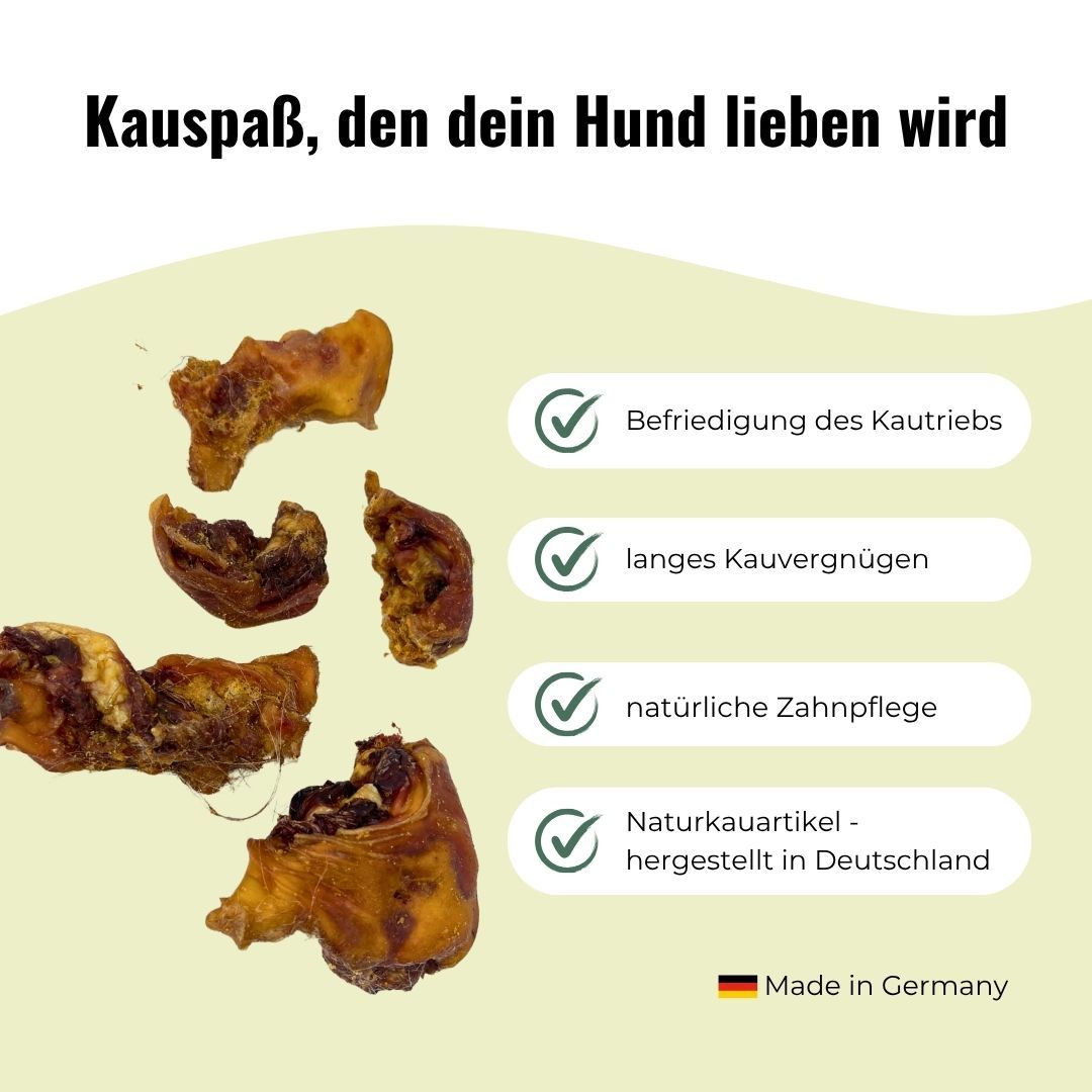 Mehrere getrocknete Hundekauartikel auf hellem Hintergrund.