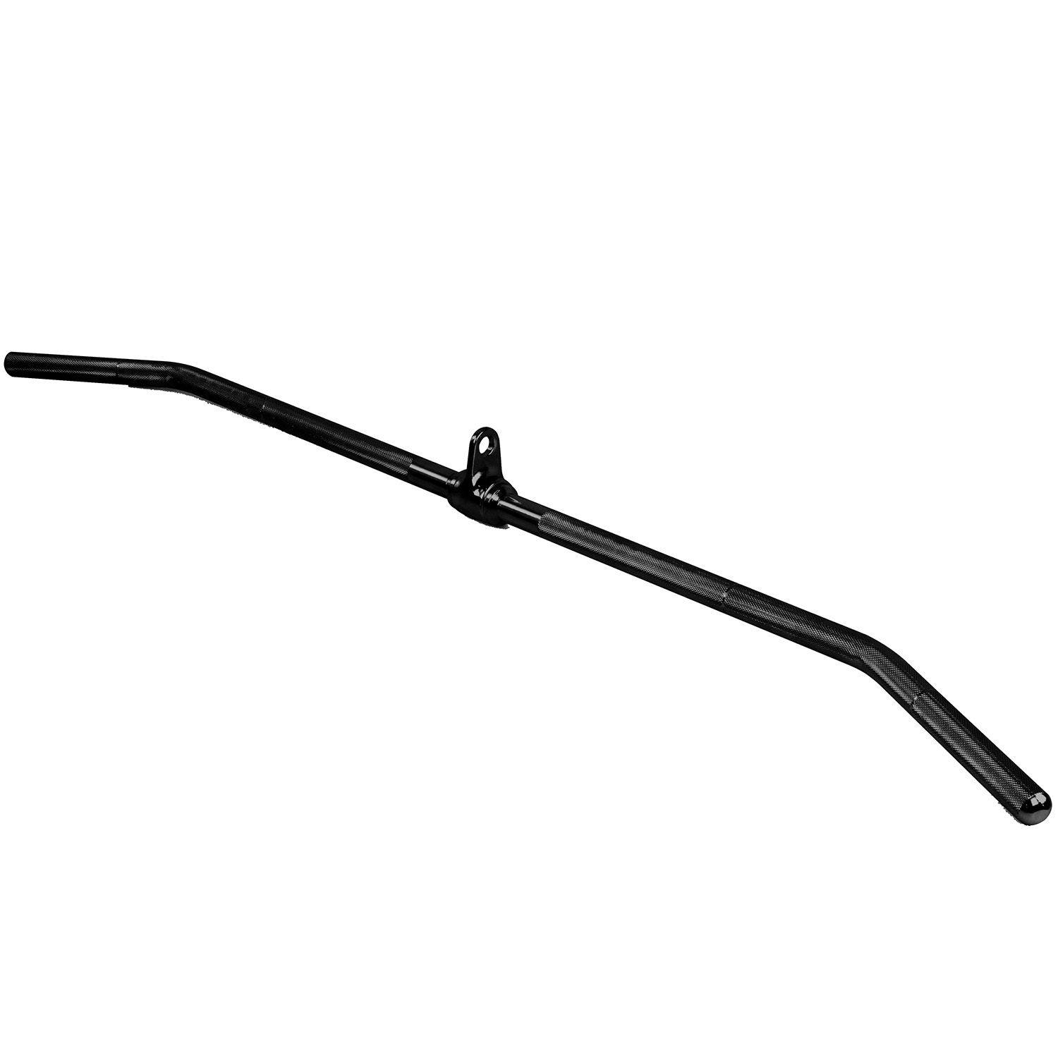 Schwarze Latzugstange, gebogen, mit Aufhängeöse. Metall. Fitnessgerät.