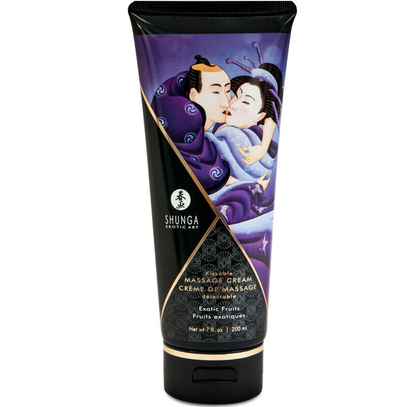 Tube mit Illustration eines Paares. Text: Shunga, Massage Cream, Exotic Fruits.