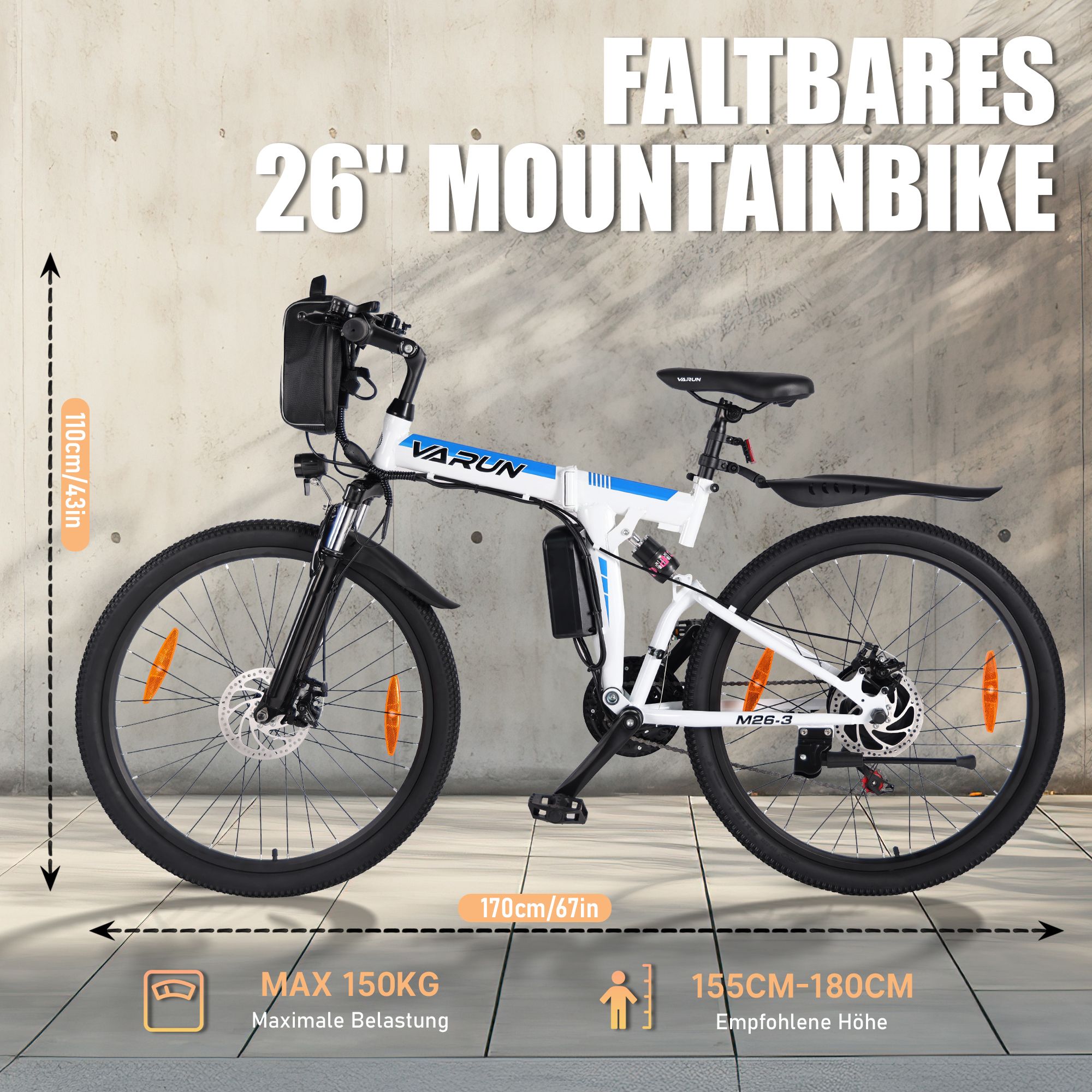 Faltbares 26" Mountainbike. Abmessungen: 170cm/67in, 110cm/43in. Max. 150KG Belastung, empfohlene Höhe 155-180cm.