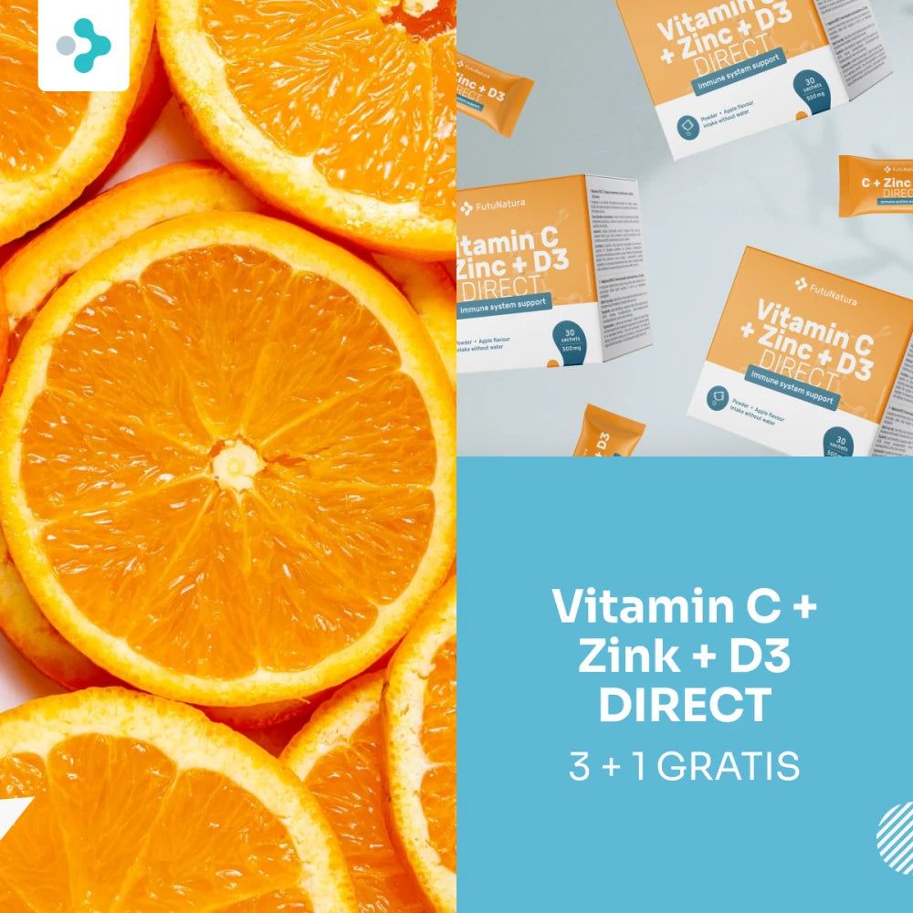 Orangenscheiben und Packungen mit der Aufschrift "Vitamin C + Zink + D3 DIRECT". Aufschrift "3+1 GRATIS".