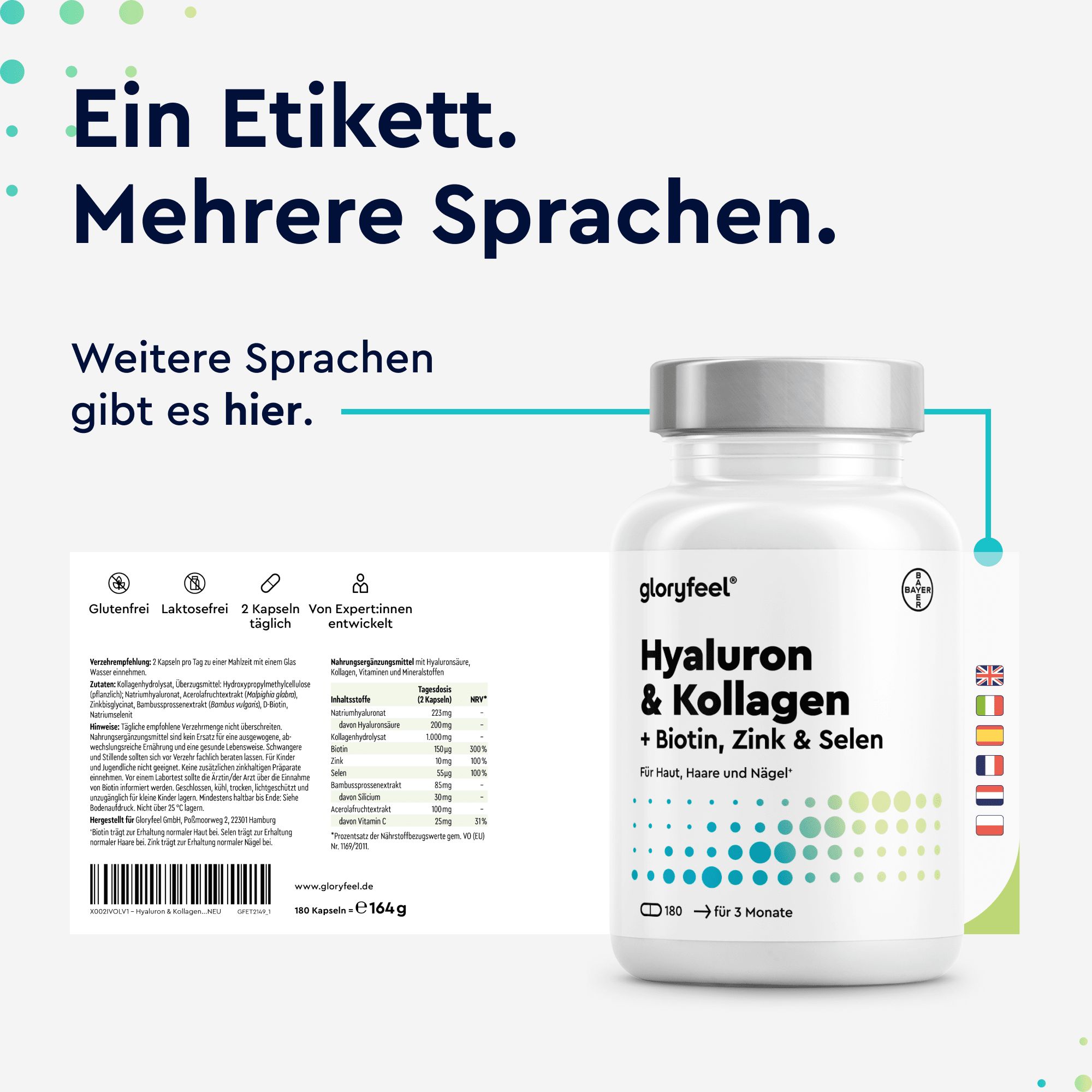 Flasche mit Kapseln und Etikett. Text: Ein Etikett. Mehrere Sprachen. Weitere Sprachen gibt es hier. Bayer Logo.