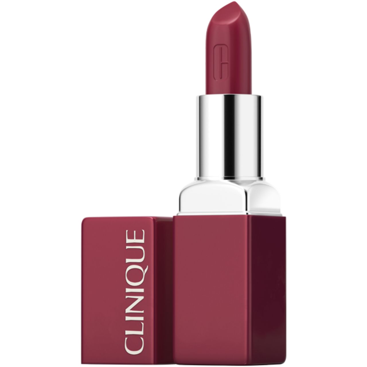 Clinique Lippenstift, burgunderfarben, geöffnet. Silberne Hülse, roter Stift. Clinique-Logo auf der Hülse.