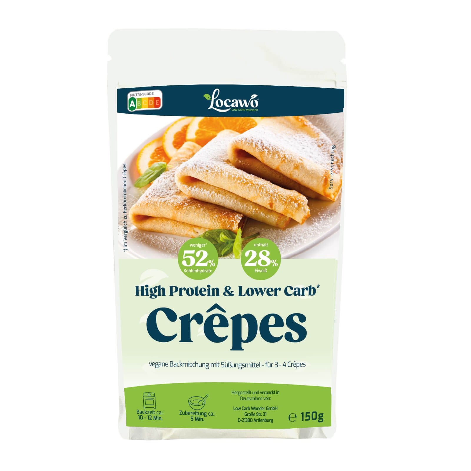 Weißer Beutel mit Aufdruck. Aufdruck: Locawo, High Protein & Lower Carb, Crêpes. Grün-weiße Verpackung mit Abbildung von Crêpes.