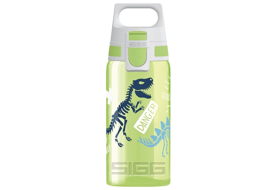Grüne Trinkflasche mit Dinosaurier-Motiv. Oben weißer Deckel mit Trageschlaufe. Aufschrift "SIGG".