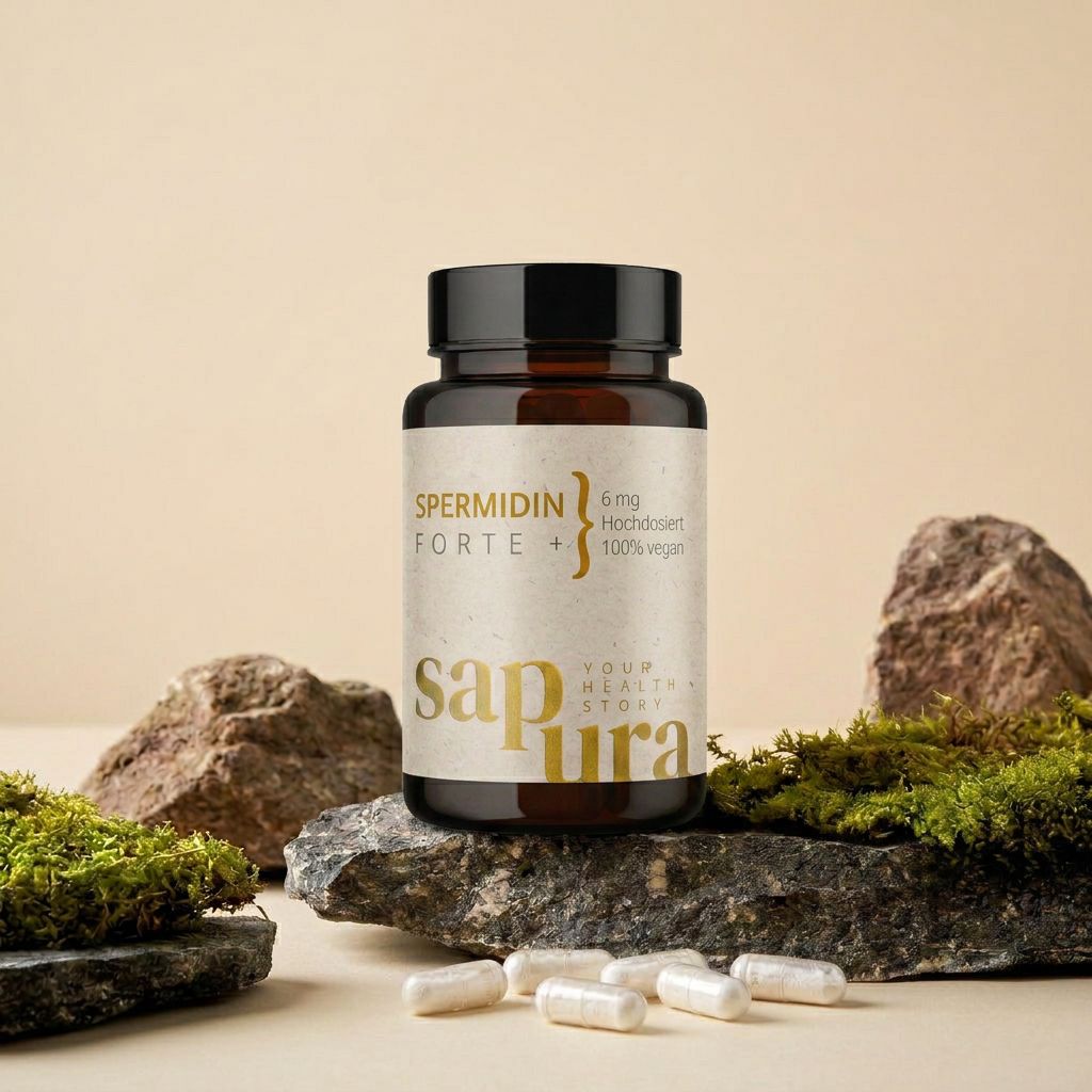 Braune Glasflasche mit Spermidin Kapseln. Aufschrift: Spermidin Forte +, 6 mg, 100% vegan. SAPURA Logo. Kapseln liegen daneben.