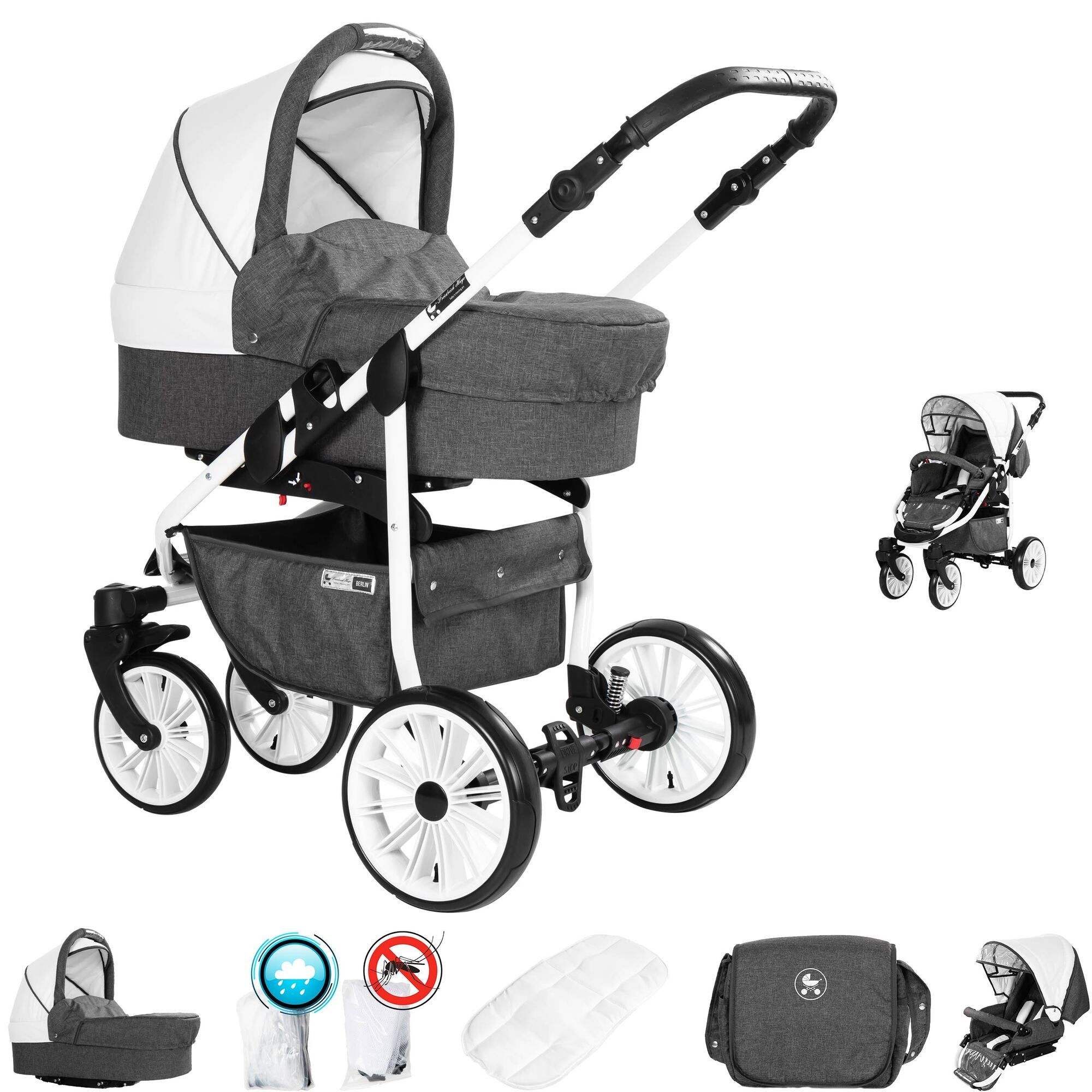 Friedrich Hugo Berlin 2 in 1 Kinderwagen GEL Reifen, Dark Grey and White Day