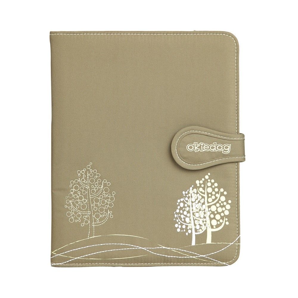 Beige Organizer mit Baum-Design und Verschluss. Auf dem Verschluss steht "okiedog".