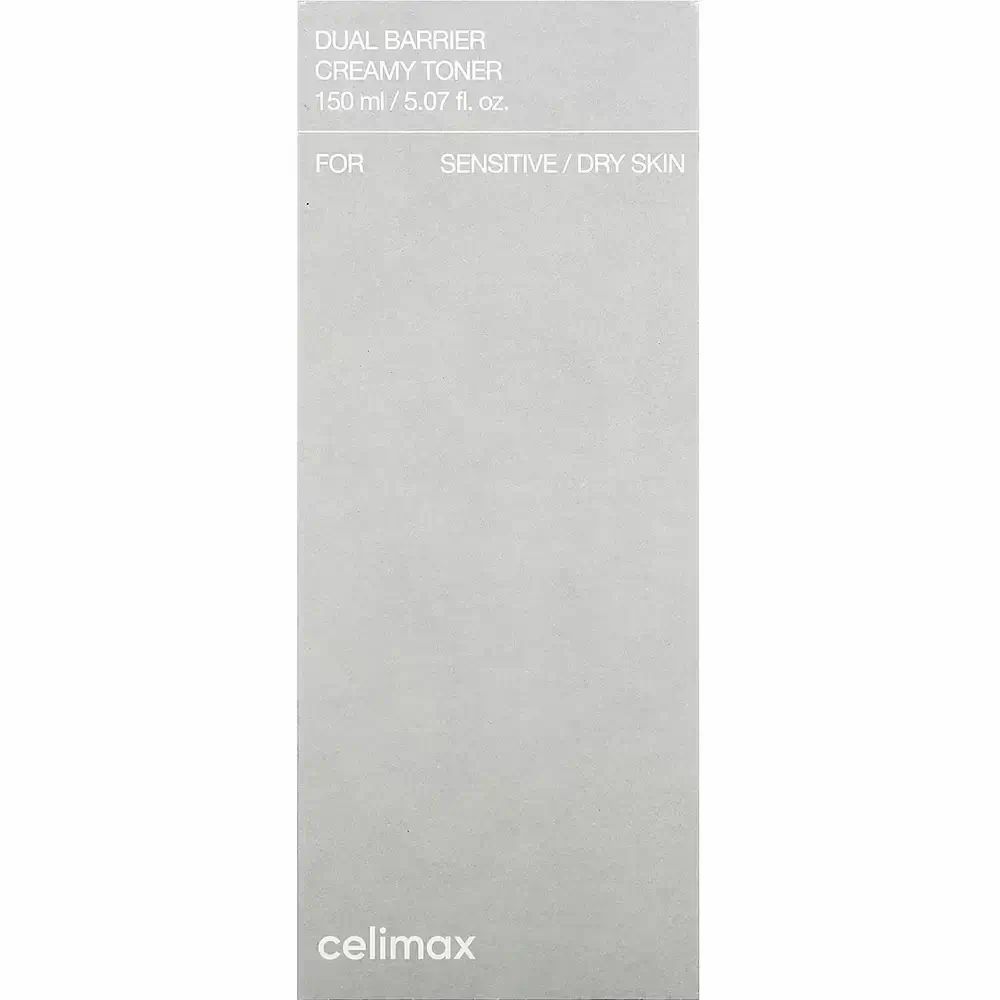 Graue Verpackung. Aufschrift: Dual Barrier Creamy Toner. Für empfindliche/trockene Haut. Marke: celimax.