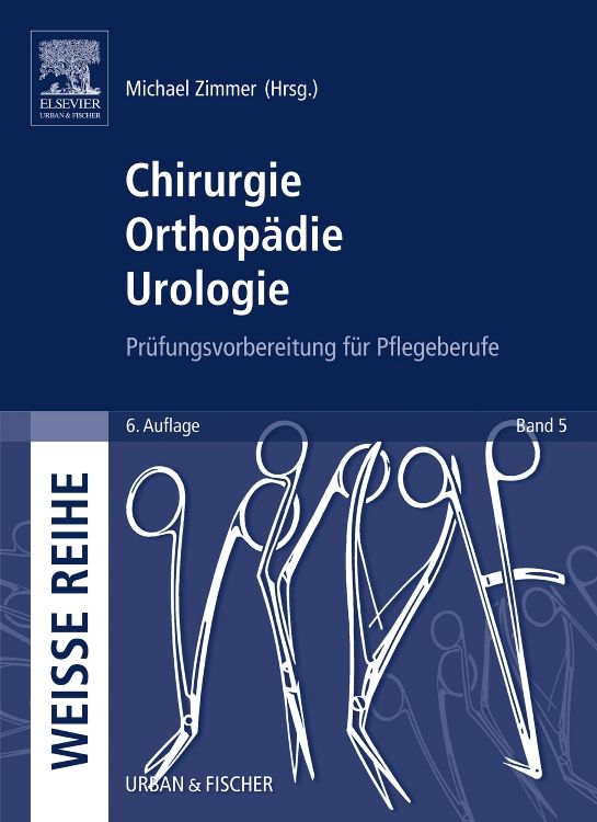 Buchcover mit Titel "Chirurgie Orthopädie Urologie". Auf blauem Hintergrund sind weiße chirurgische Instrumente abgebildet. Verlag: Urban & Fischer.