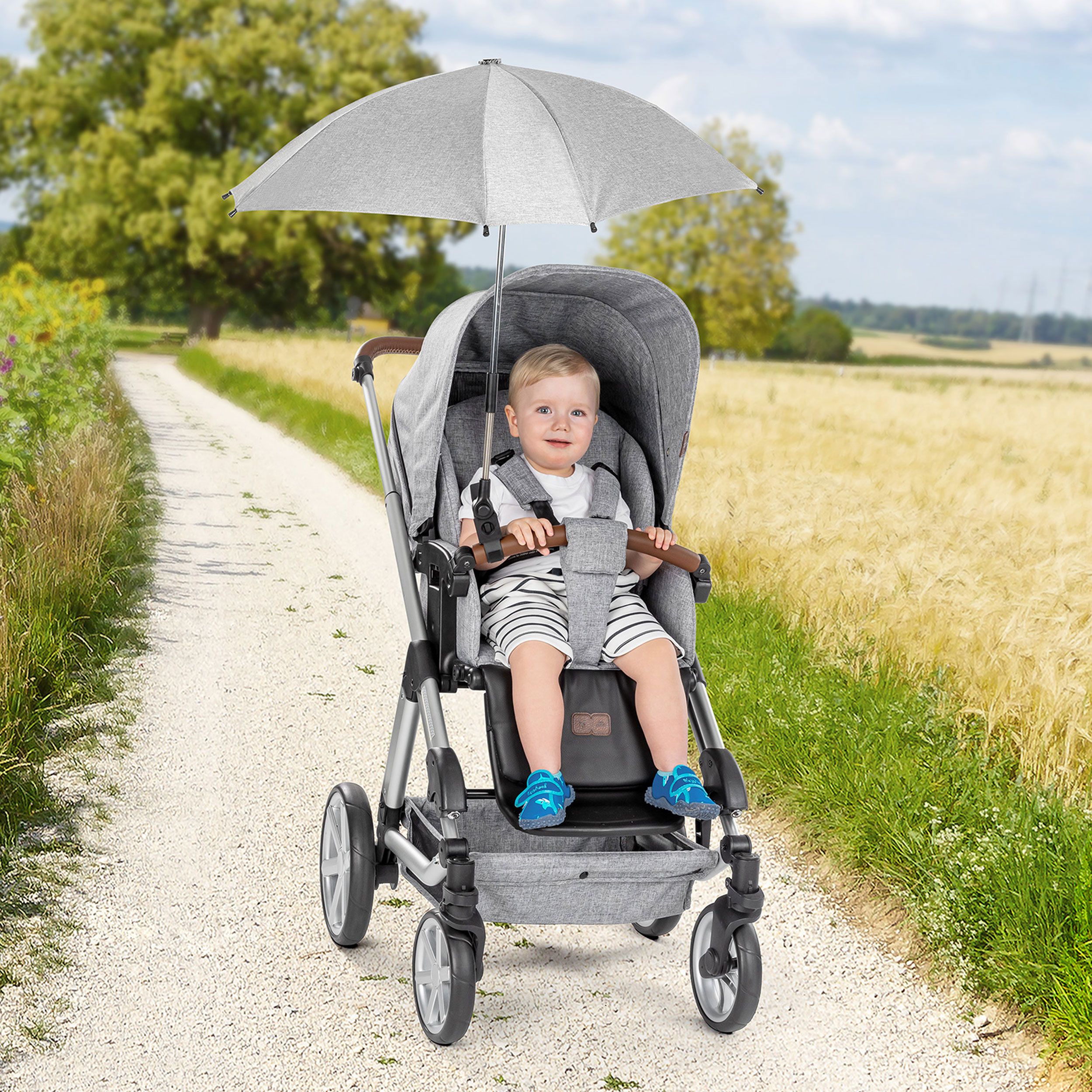 reer ShineSafe Kinderwagen-Sonnenschirm für Kinderwagen, Grau Melange