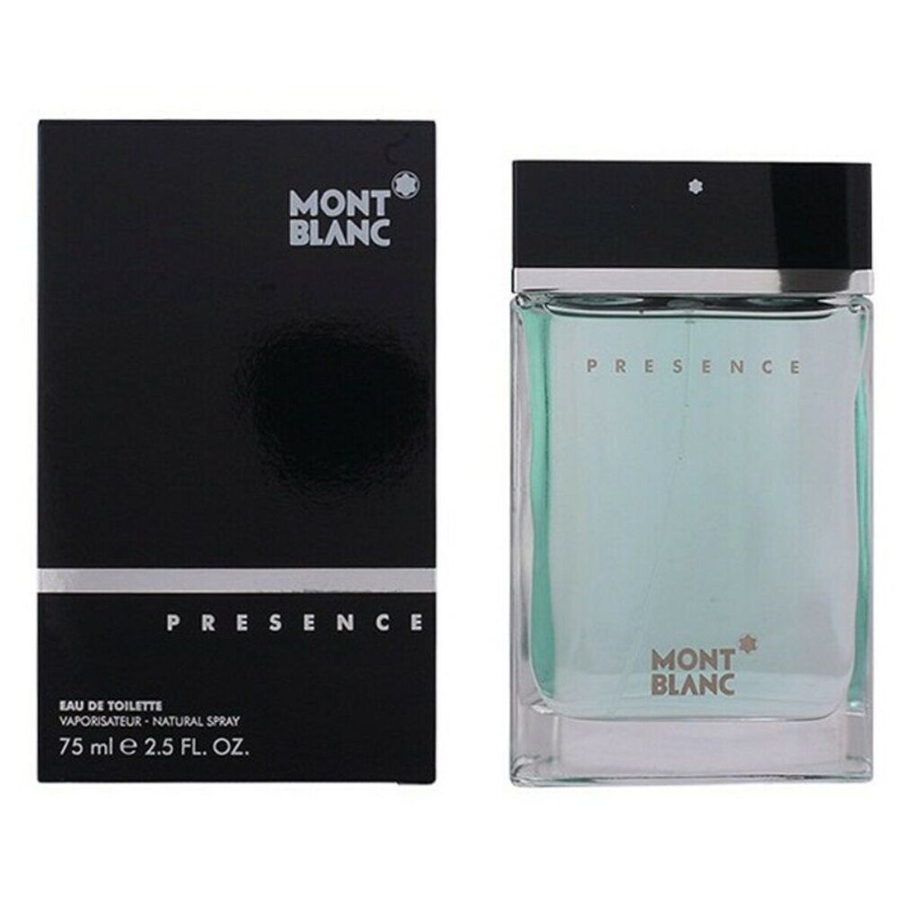 Schwarzer Karton und Flakon. Karton: MONTBLANC-Logo, PRESENCE, Eau de Toilette, 75 ml. Flakon: PRESENCE, MONTBLANC-Logo.