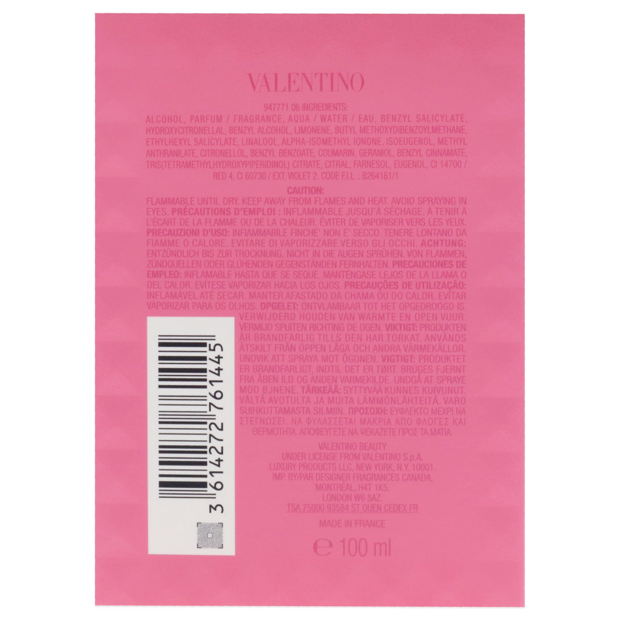 Rosa Verpackung Valentino Donna Born In Roma Edp Spray. Text und Barcode.