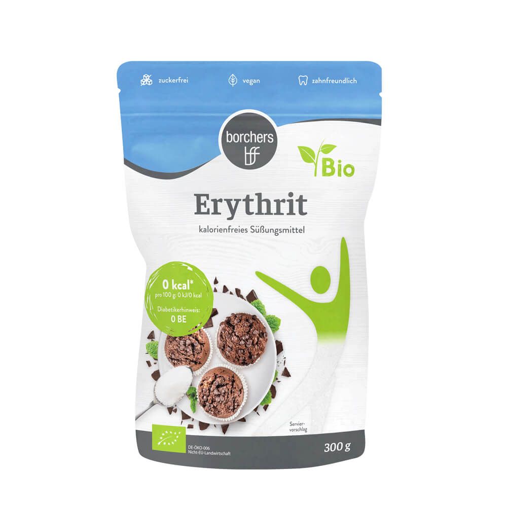 Borchers Bio Erythrit kalorienfreies Süßungsmittel Beutel mit Muffins.