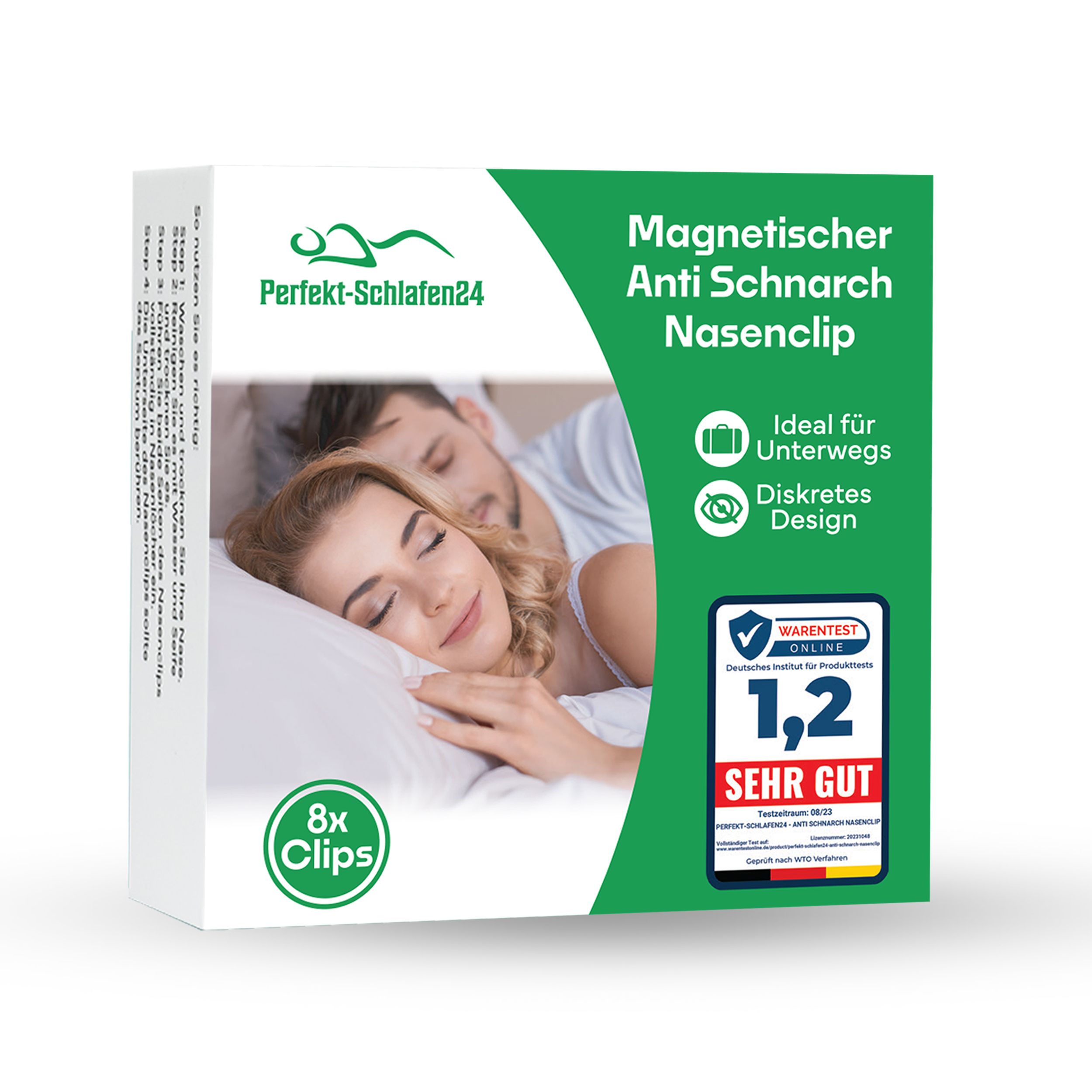 Verpackung von Perfekt-Schlafen24 Nasenspreizer Clip. Enthält 8 Clips. Aufdruck: Magnetischer Anti Schnarch Nasenclip. Auszeichnung: Sehr gut.