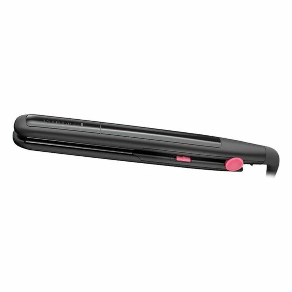 Haarglätter, schwarz mit pinkfarbenen Akzenten. Schmale Form. Aufsicht.