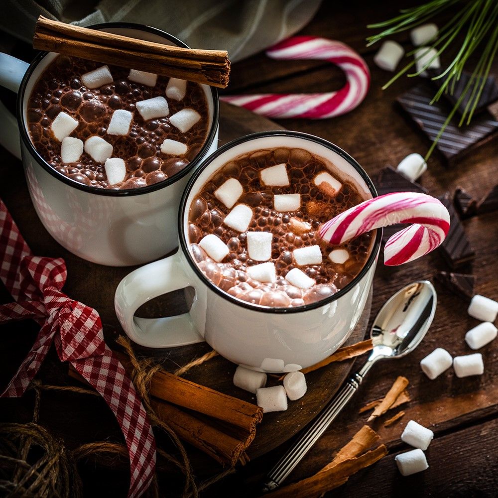 Zwei Tassen heiße Schokolade mit Marshmallows und Zuckerstangen. Zimtstangen und Schokolade daneben.