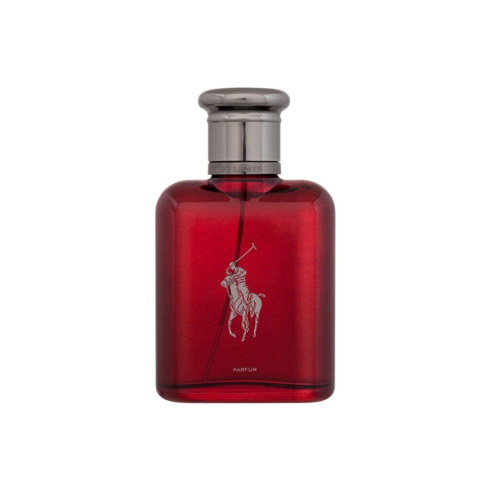 Roter Flakon mit silbernem Logo und schwarzem Verschluss. Aufschrift PARFUM. Rechteckige Form.