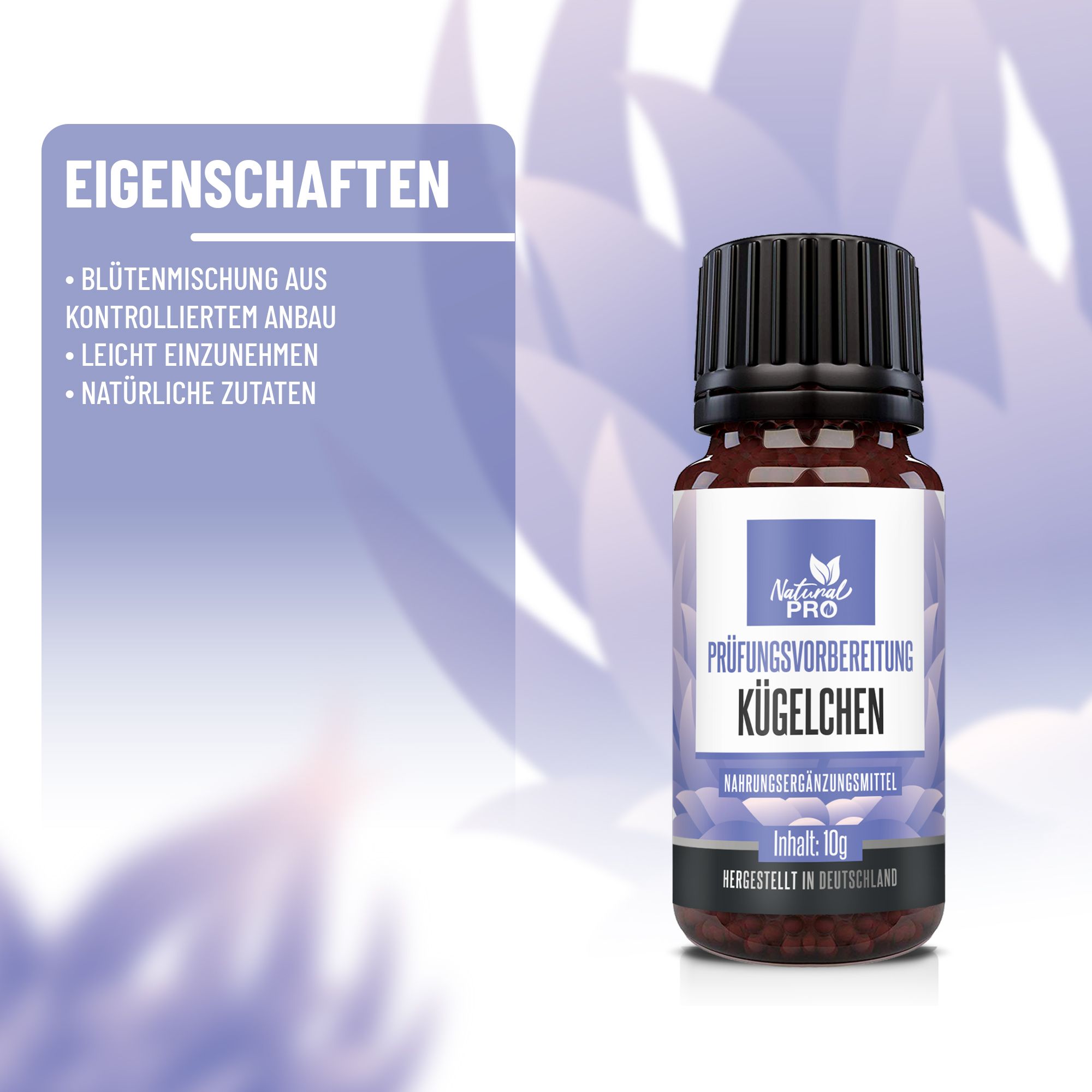 Flasche mit Kügelchen. Aufschrift: Natural Pro, Prüfungsvorbereitung Kügelchen. Eigenschaften: Blütenmischung, leicht einzunehmen, natürliche Zutaten. Inhalt: 10g.