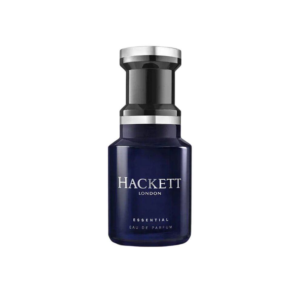 Dunkelblaue Flasche mit silbernem Deckel. Aufschrift: Hackett London, Essential Eau de Parfum.
