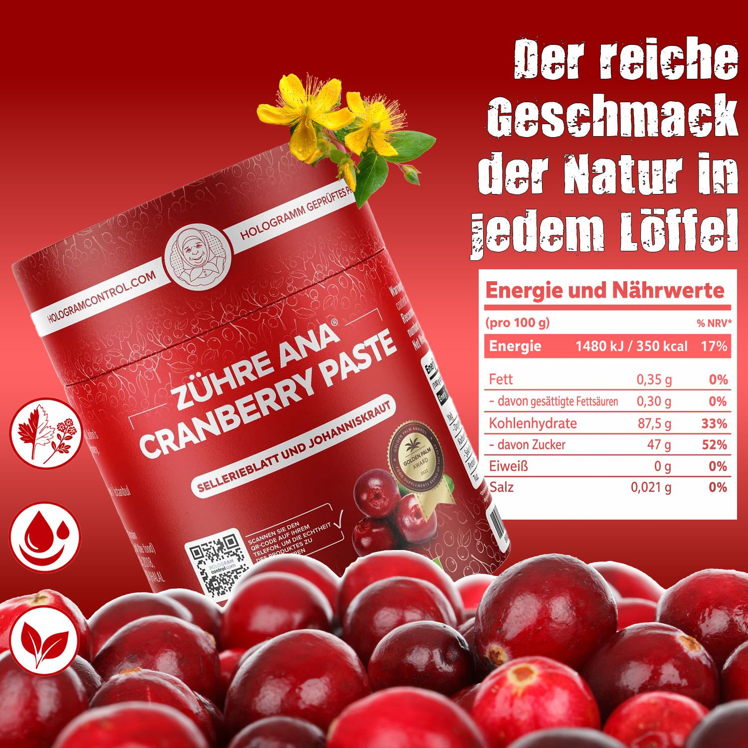 Dose und Glas Zühre Ana Cranberry Paste mit Cranberries und Kräutern.