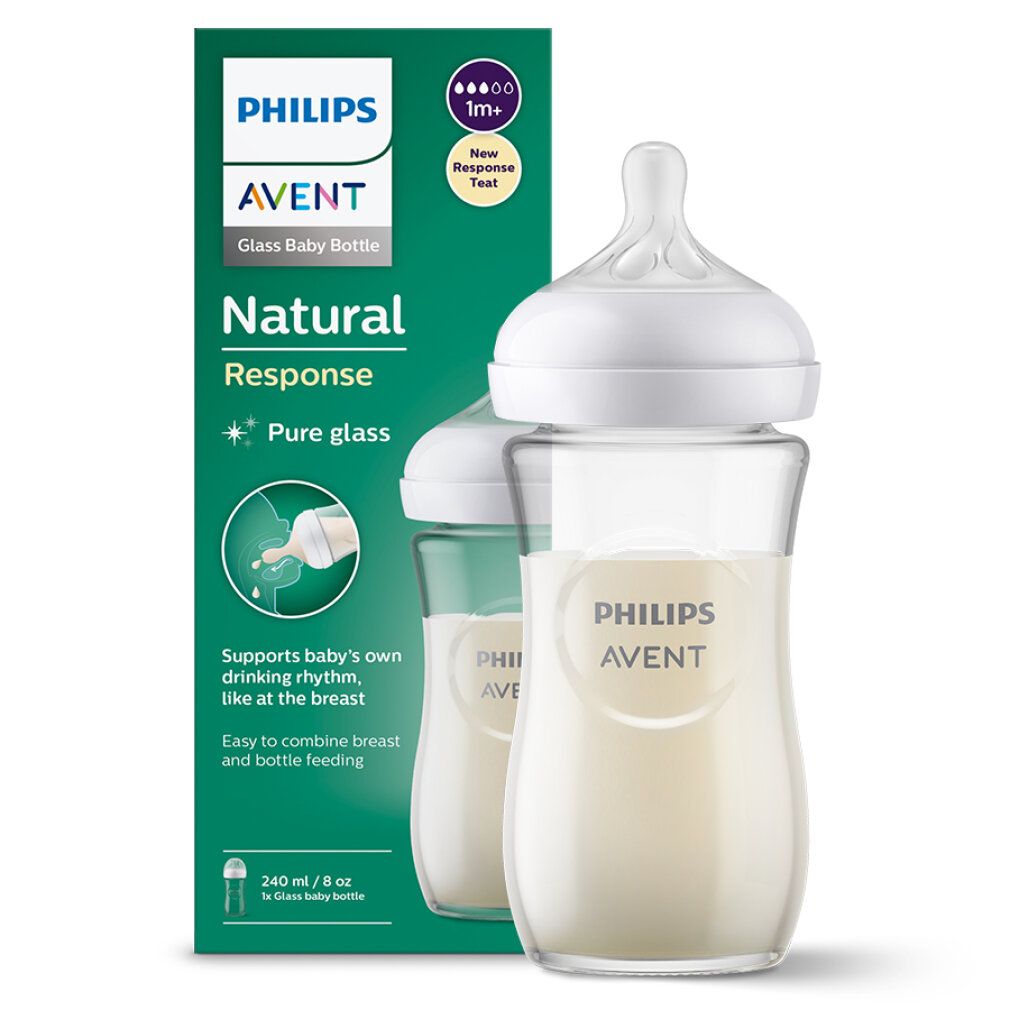 Glas-Babyflasche mit Flüssigkeit, weißem Sauger und Verschluss. Verpackung mit Produktinformationen. Philips Avent Logo.