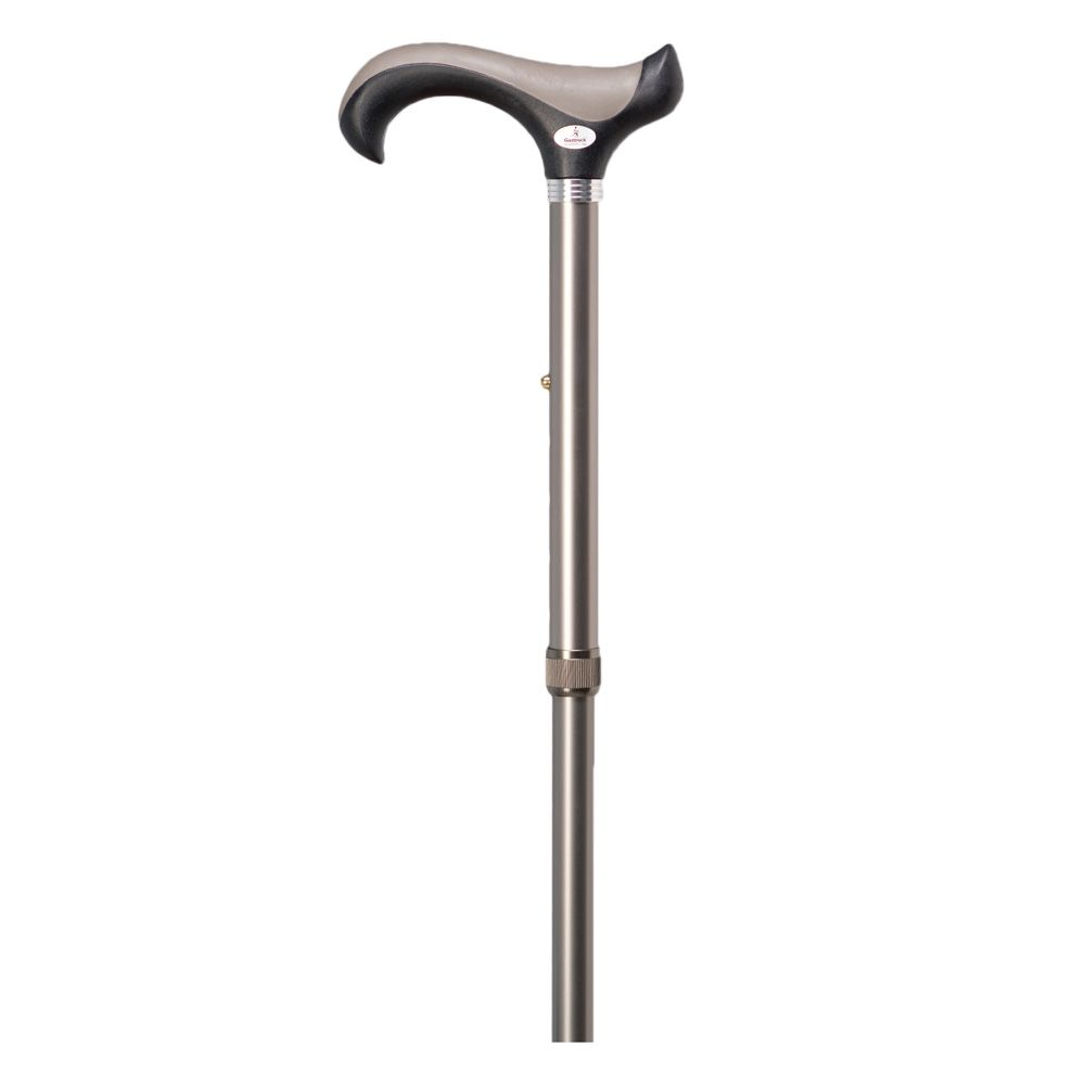 Gehstock mit Derbygriff, grau und schwarz. Höhenverstellbar. Metall. Schwarzer Griff.