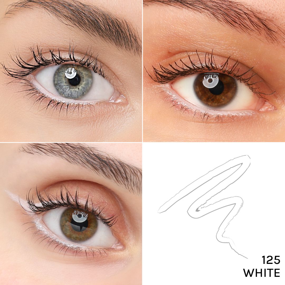 Vier Augen mit weißem Kajal-Eyeliner. Rechts unten: weiße Linie und Text "125 WHITE".