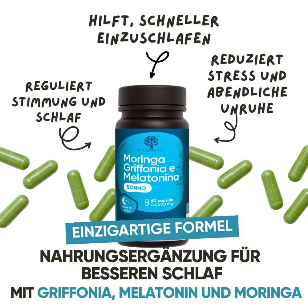 Flasche RedMoringa Melatonin e Escolzia. 60 Kapseln. Für Entspannung und Schlaf.