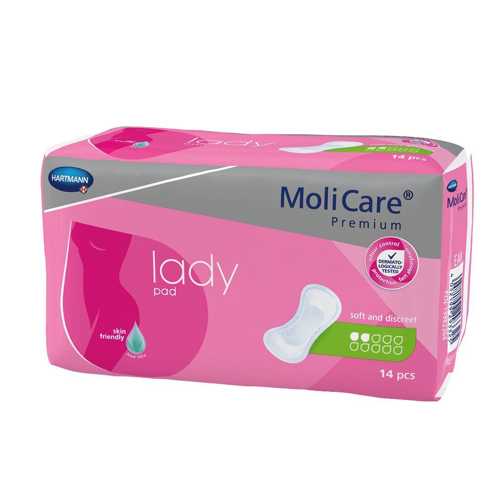 MoliCare Premium Lady Pad Packung. Rosa-weißes Design. 14 Stück. Hartmann Logo. Hautfreundlich, Aloe Vera.