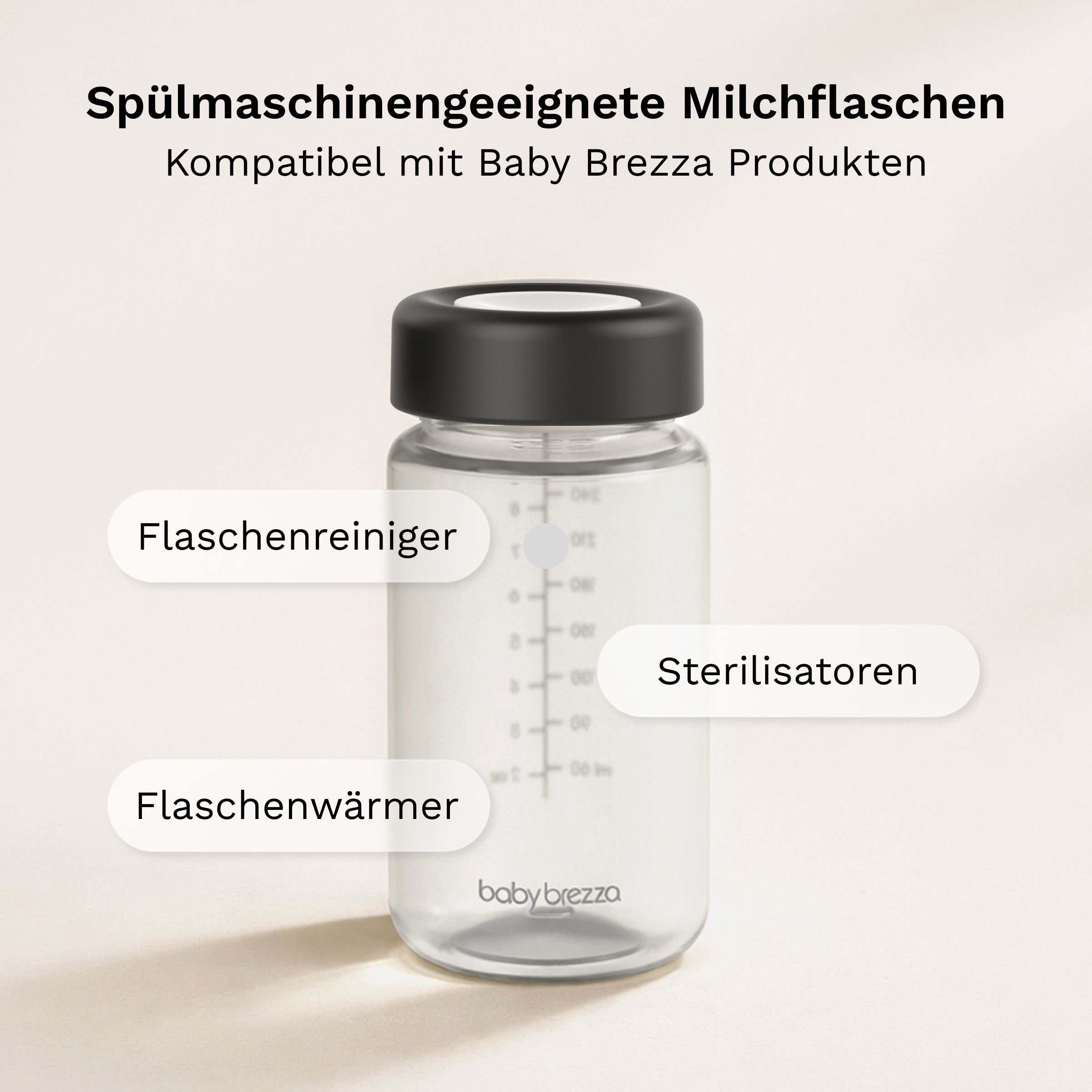 Baby Brezza Milchflasche, spülmaschinenfest, mit Skala und schwarzem Deckel.