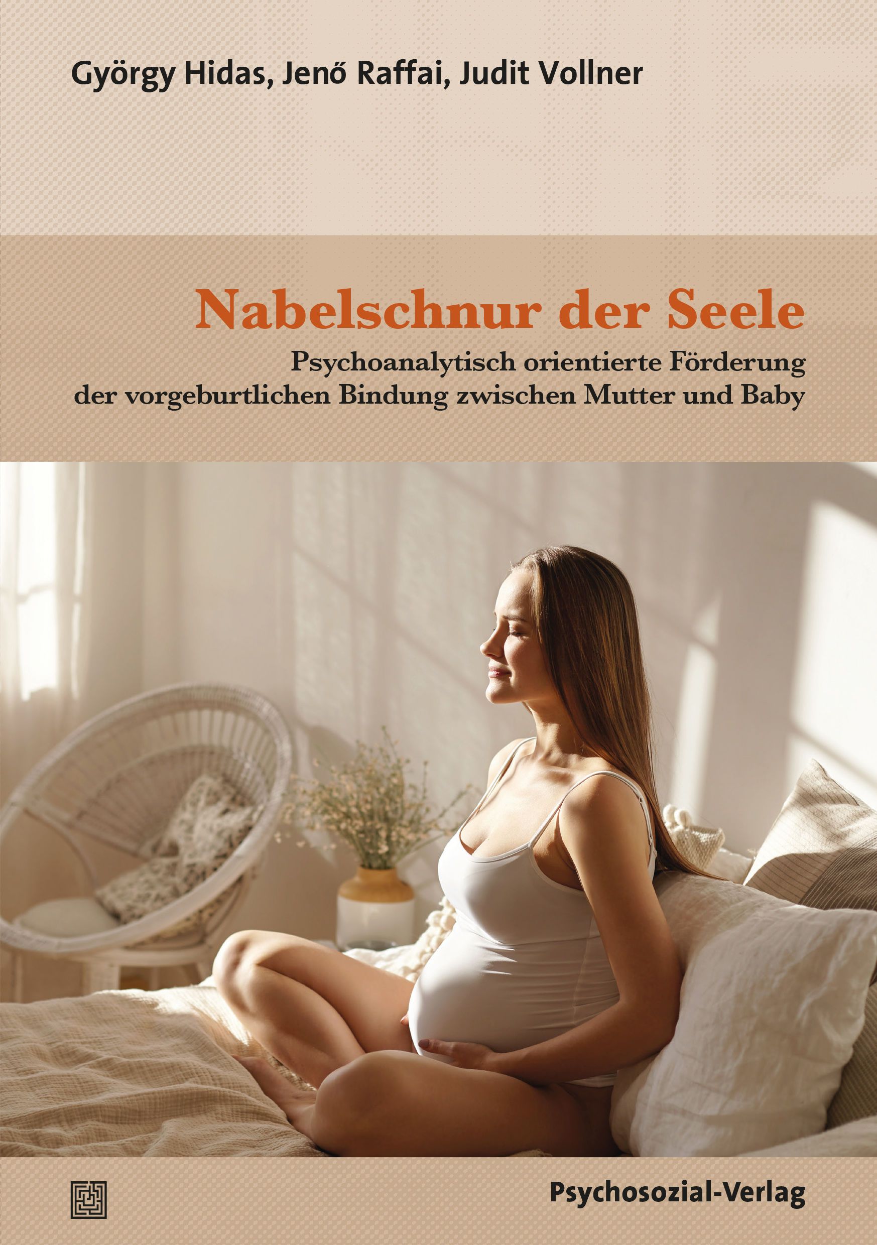 Buchcover mit Titel "Nabelschnur der Seele". Schwangere Frau sitzt auf Bett. Autorennamen und Verlagstitel sind sichtbar.