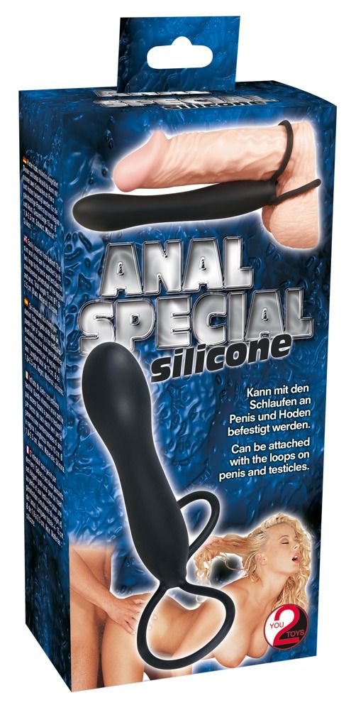 Produkt in Verpackung. Schwarzes Silikonprodukt mit länglicher Form und zwei Ringen. Text: ANAL SPECIAL silicone.
