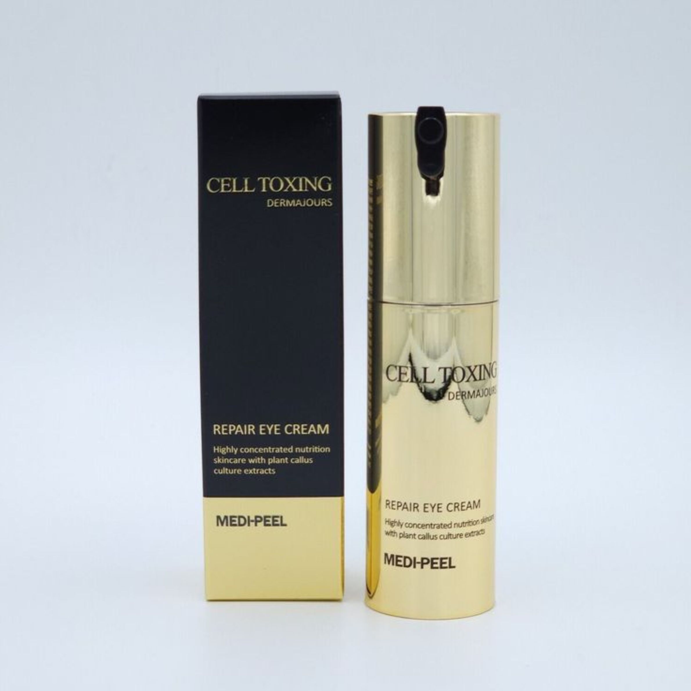 Augencreme-Tube und Schachtel. Aufschrift: CELL TOXING DERMAJOURS, REPAIR EYE CREAM, MEDI-PEEL.