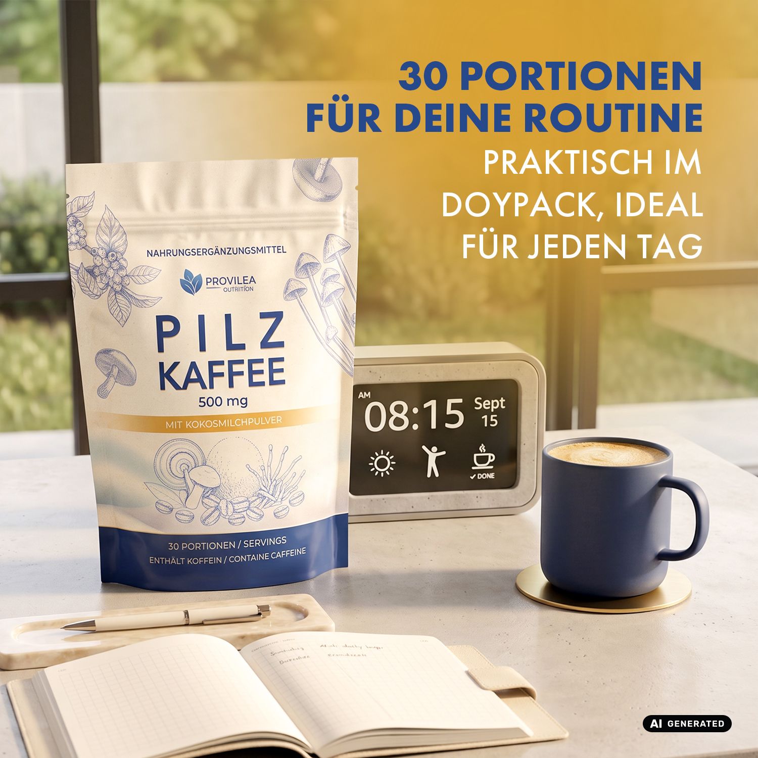 Pilzkaffee-Beutel auf einem Schreibtisch neben einer Tasse Kaffee, einem Wecker und einem Notizbuch.
