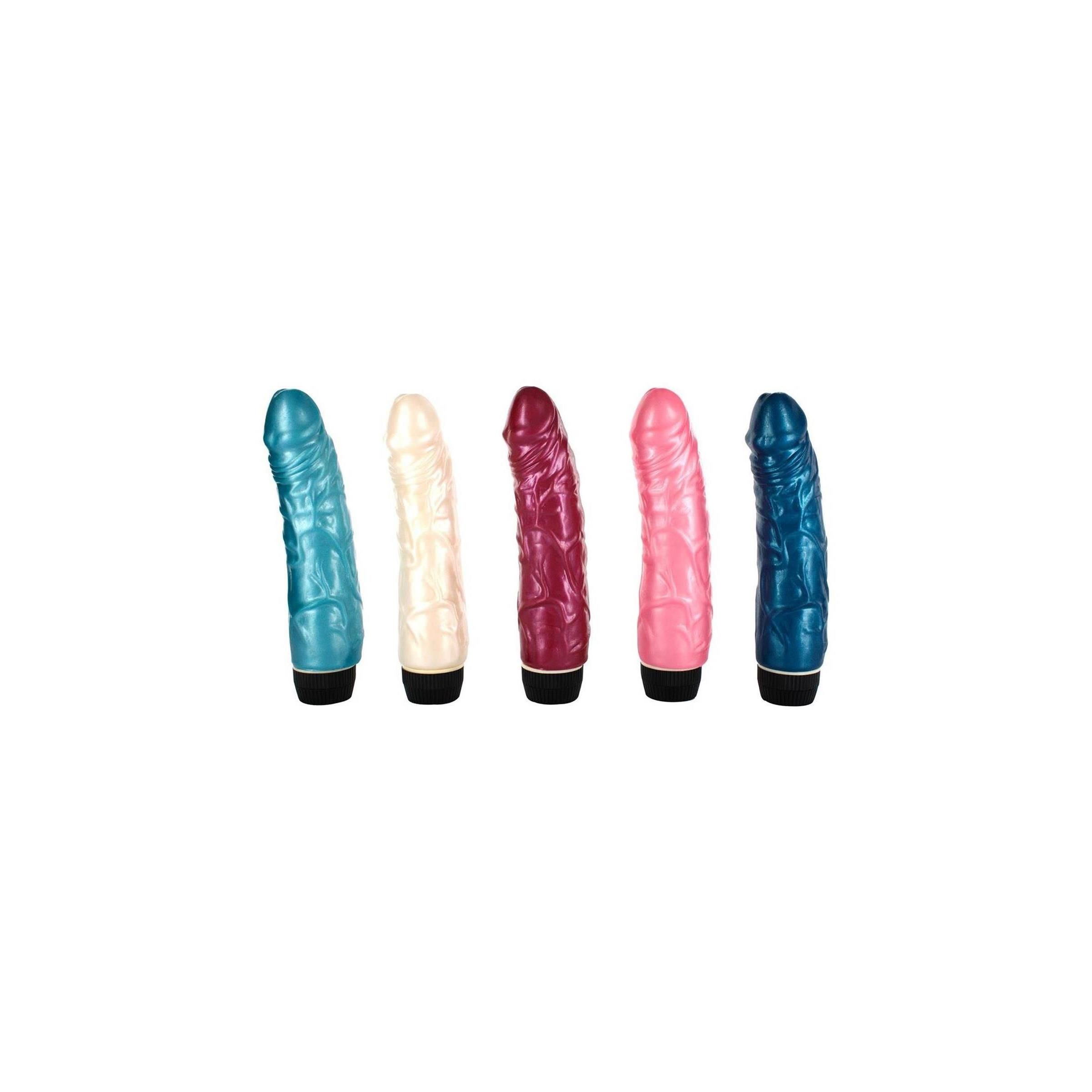 Fünf Dildos in verschiedenen Farben: Blau, Creme, Burgunderrot, Rosa und Dunkelblau. Schwarze Basis. Geriffelte Oberfläche.