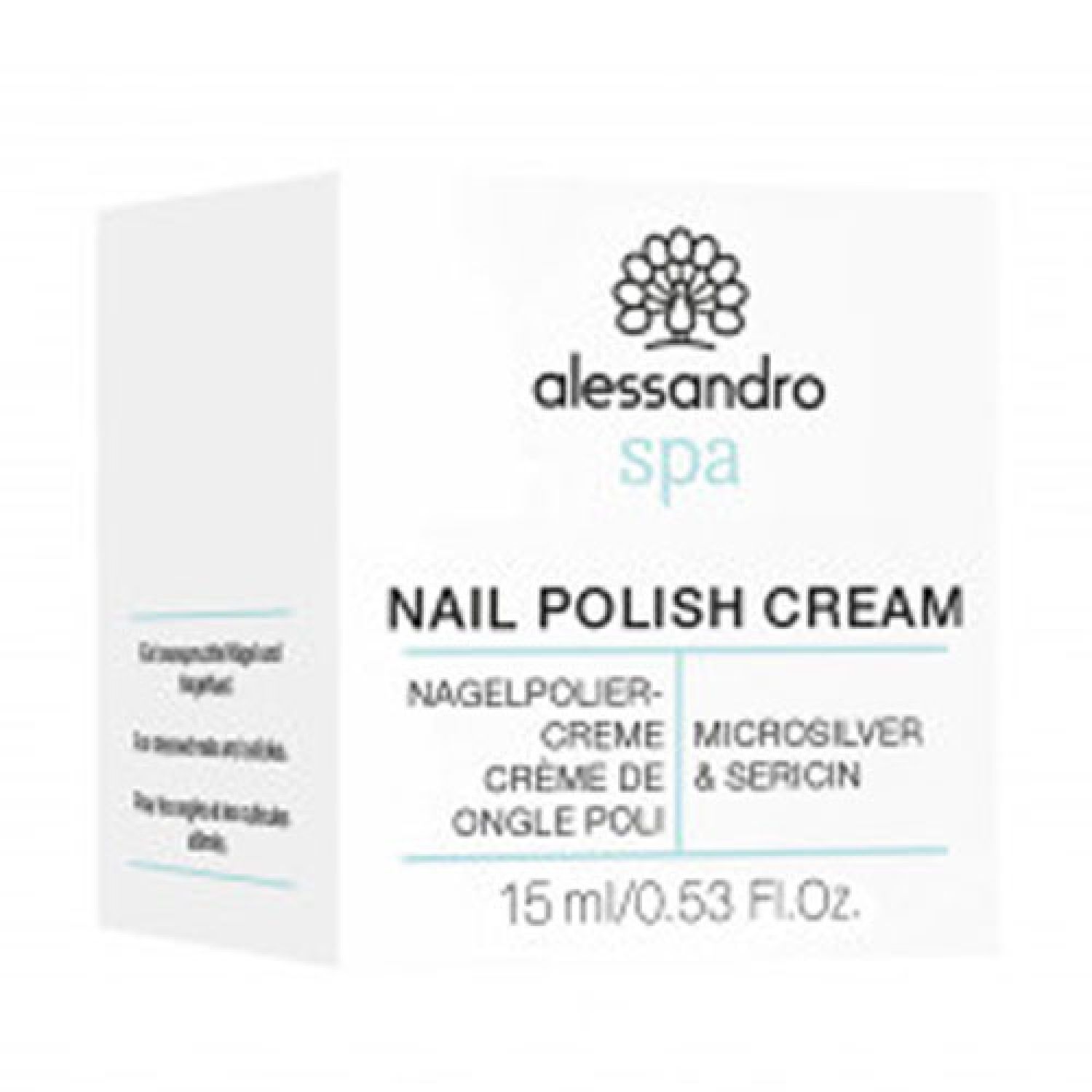Quadratische Verpackung mit "alessandro spa NAIL POLISH CREAM". Enthält 15 ml. Text in Deutsch, Französisch und Englisch.