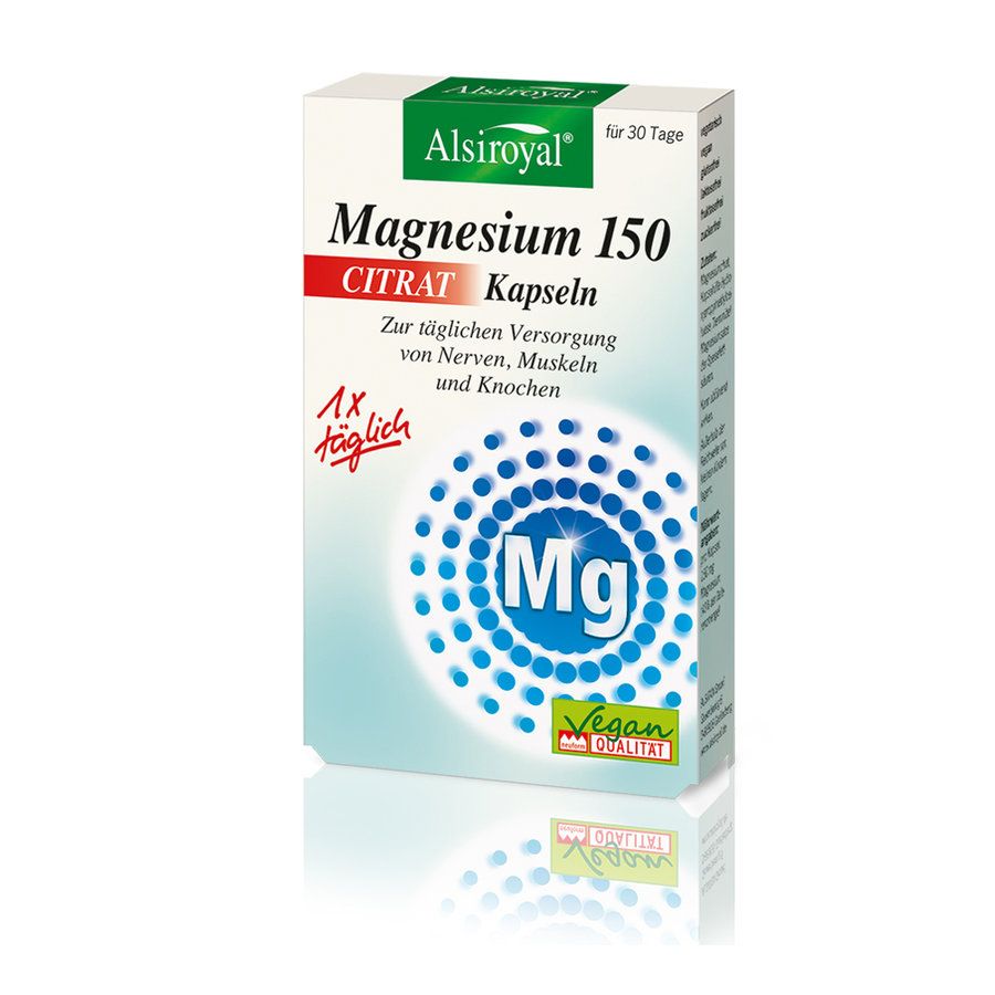 Alsiroyal Magnesium 150 Citrat Kapseln. Weiße Schachtel mit grünen und blauen Elementen. Text: Magnesium, Citrat, Kapseln, Vegan, Mg.