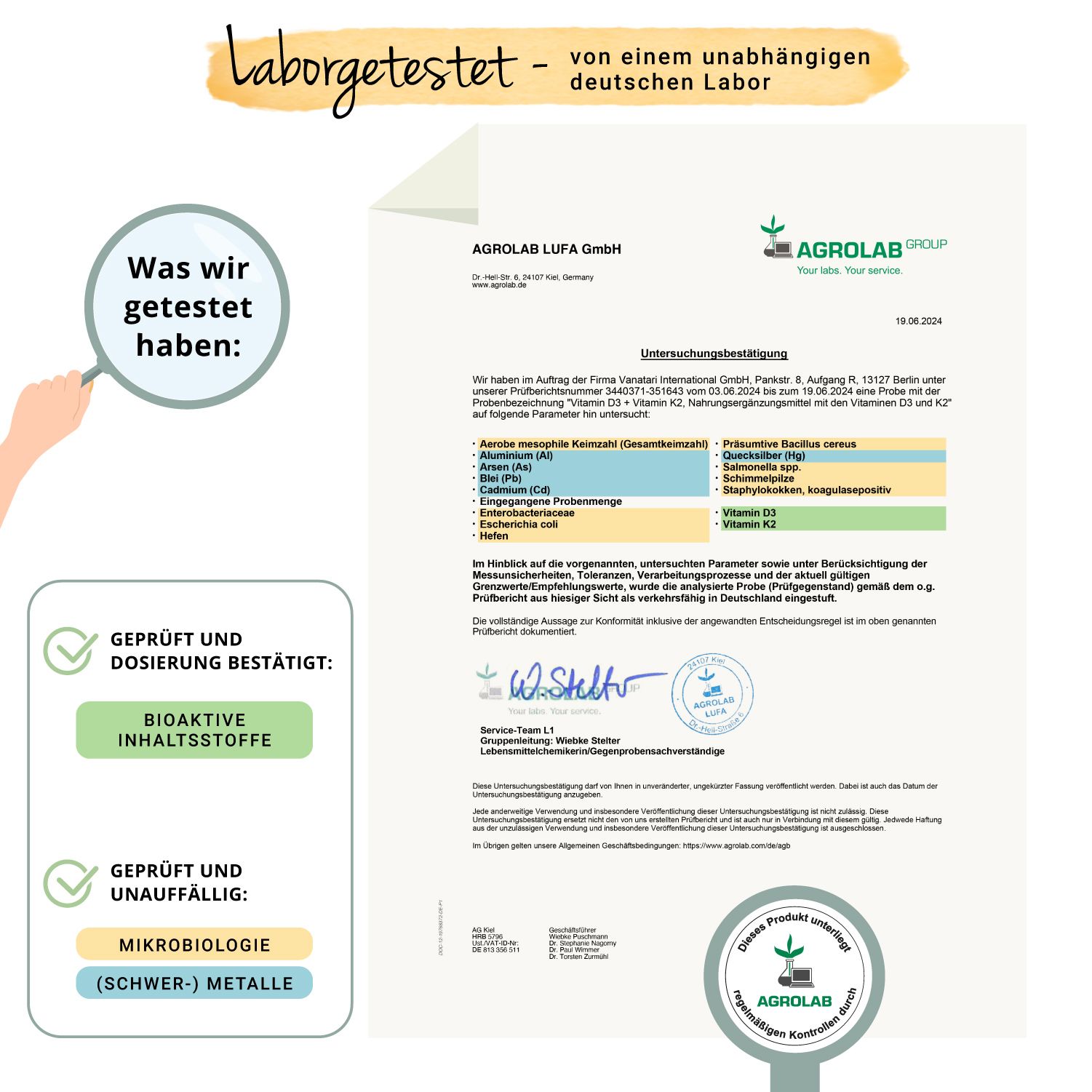Laborbericht. Zertifizierung von Inhaltsstoffen und Dosierung. Zertifizierung von Mikrobiologie und Schwermetallen. Agrolab-Siegel.