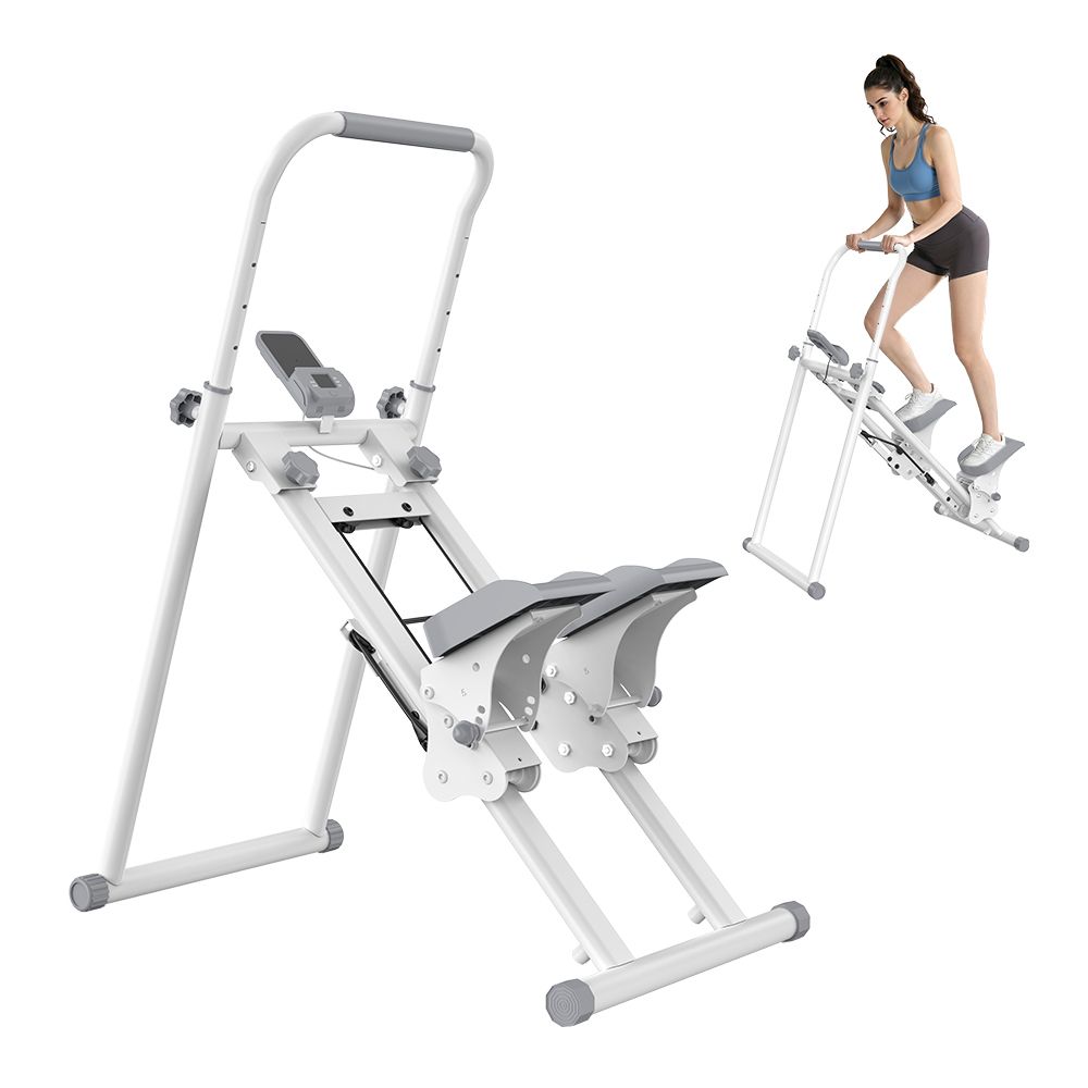 Weißer Stepper mit Lenker und Pedalen. Eine Frau trainiert darauf. Der Stepper hat ein Display.