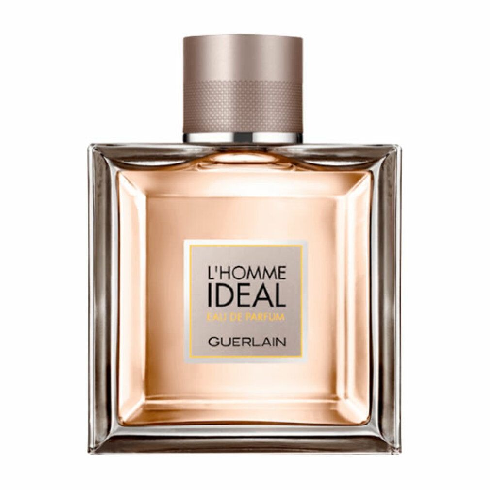 Guerlain L'Homme Ideal Eau de Parfum. Quadratischer Flakon mit braunem Deckel. Text: L'Homme Ideal, Guerlain.