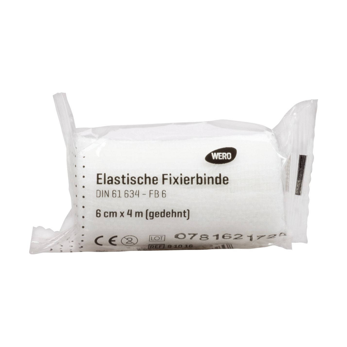 Elastische Fixierbinde in Folienverpackung. Aufschrift: 6 cm x 4 m, WERO, CE-Zeichen.