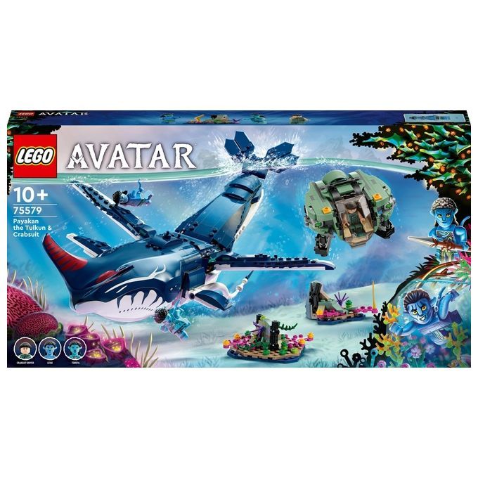 LEGO Avatar 75579 Tulkun Payakan & Crabsuit. La confezione mostra una scena sottomarina con una balena Tulkun blu, un Crabsuit verde e personaggi Avatar. Il set è adatto a bambini dai 10 anni in su. Include il logo LEGO e la scritta Avatar.
