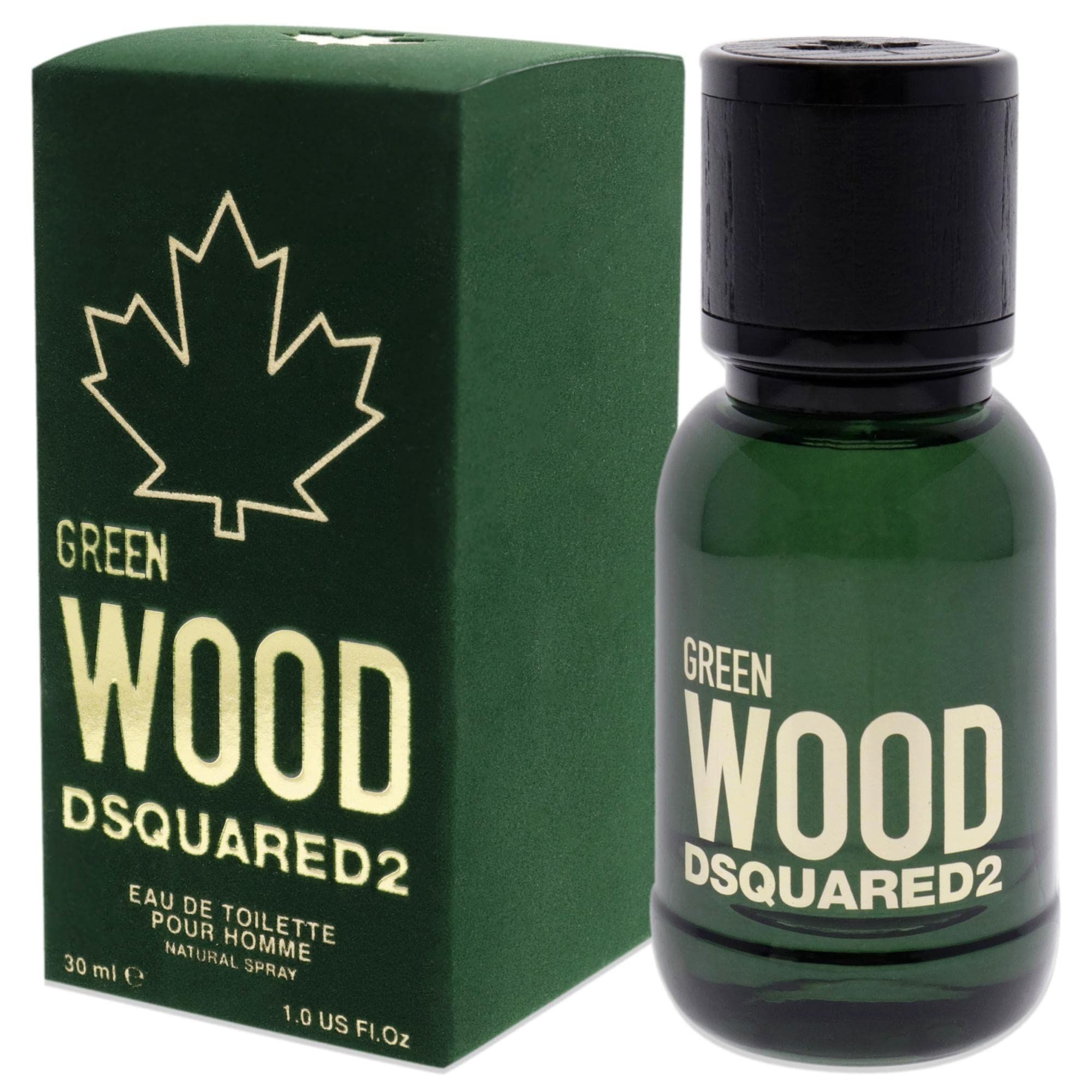 Grünes Flakon und Verpackung. Goldfarbener Schriftzug: GREEN WOOD DSQUARED2. Verpackung mit Ahornblatt.