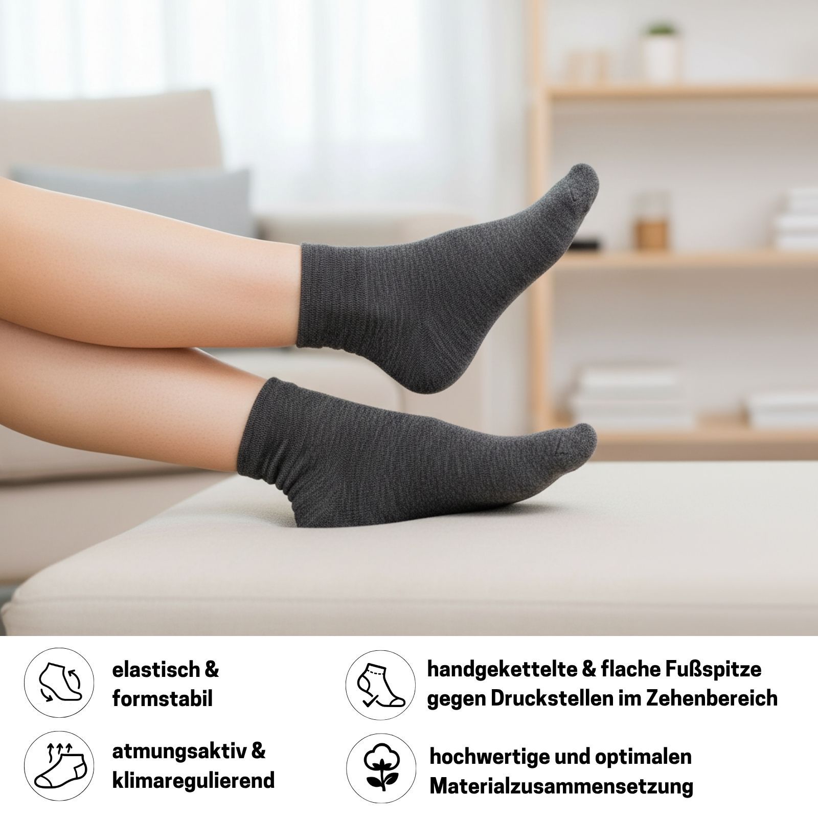 Diabetiker Quarter Socken mit Komfortbund ohne Gummi & ohne Naht für Damen und Herren