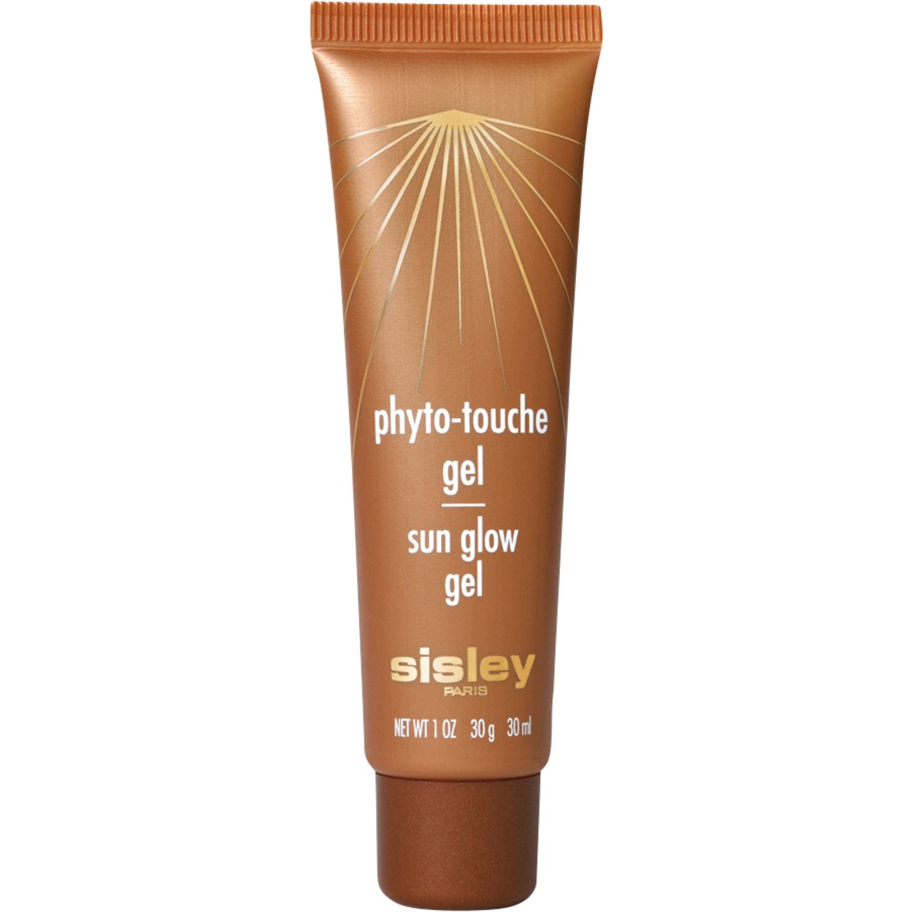 Tube mit Phyto-Touche Gel. Braune Verpackung mit goldfarbenem Aufdruck. Schriftzug: Phyto-Touche Gel, Sun Glow Gel, Sisley Paris. 30 ml.