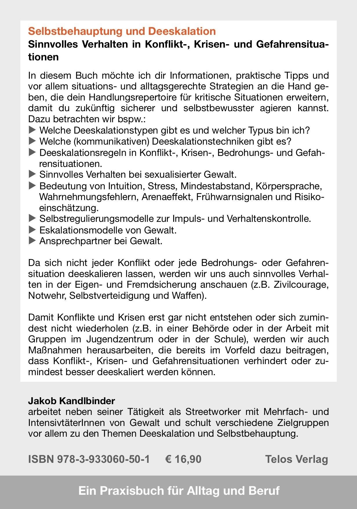 Buchrückseite: Text über Selbstbehauptung und Deeskalation. Autor: Jakob Kandlbinder. ISBN und Preis sind angegeben.