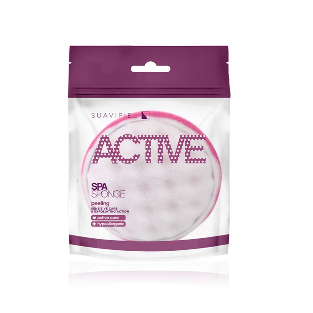 Verpackung mit rundem Spa-Schwamm. Aufschrift ACTIVE, SPA SPONGE, peeling. Marke SUAVIPEL. Inhaltsstoffe: active care, hypoallergenic.