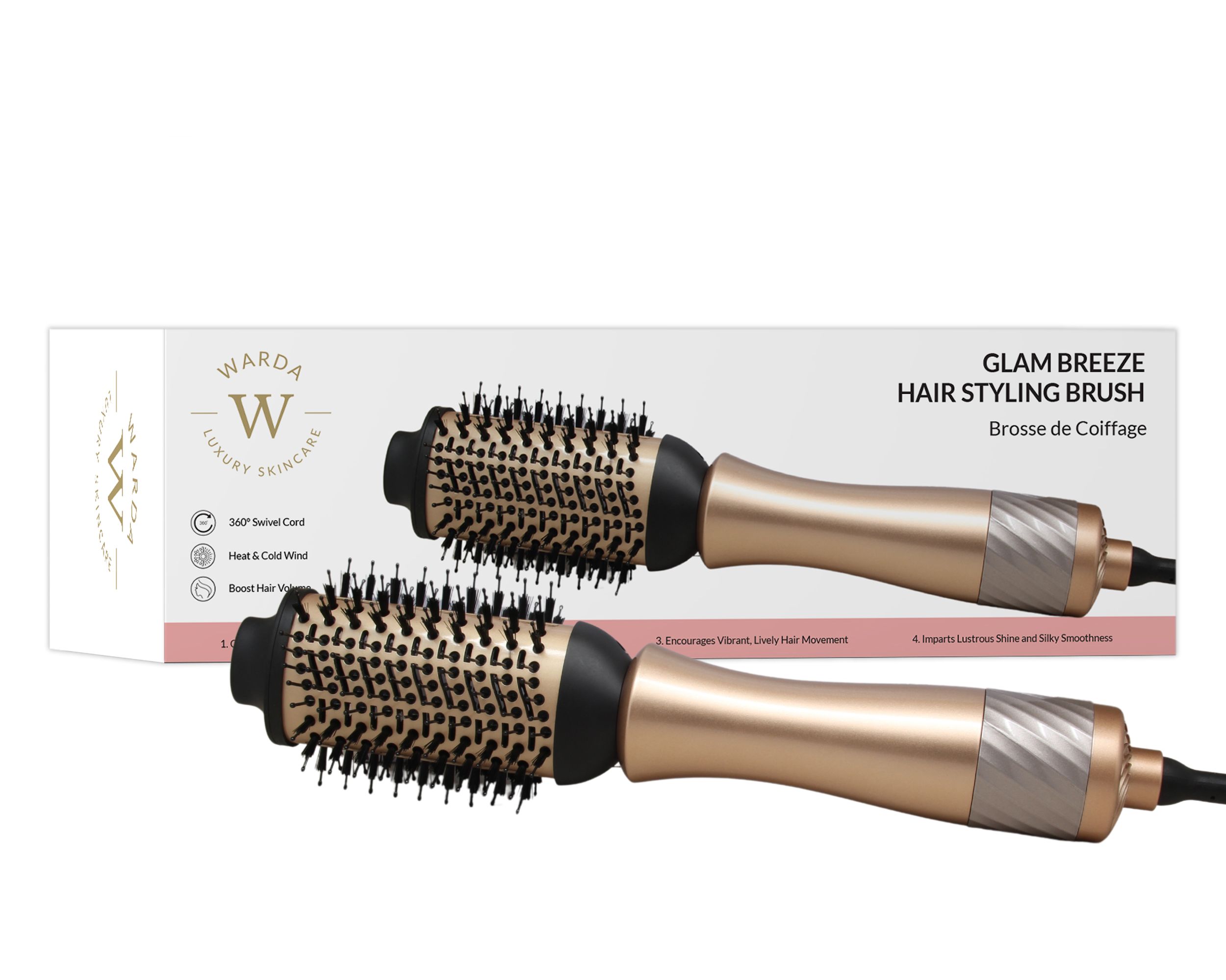 Twee haarstylingborstels met gouden handvatten en zwarte borstelkoppen. Verpakking met merk Warda Skincare en productnaam Glam Breeze.